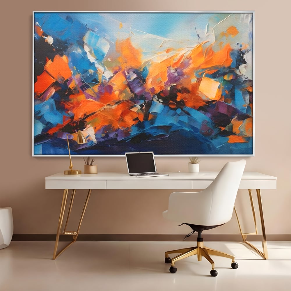 Tablou canvas cu pictura abstracta cu pete portocalii, in rama de aluminiu argintiu, pe perete intr-un birou